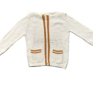 Vintage 1950s Cream & Tan Stripe Textured 3/4 Sleeve Knit Sweater w/ Pockets Sma